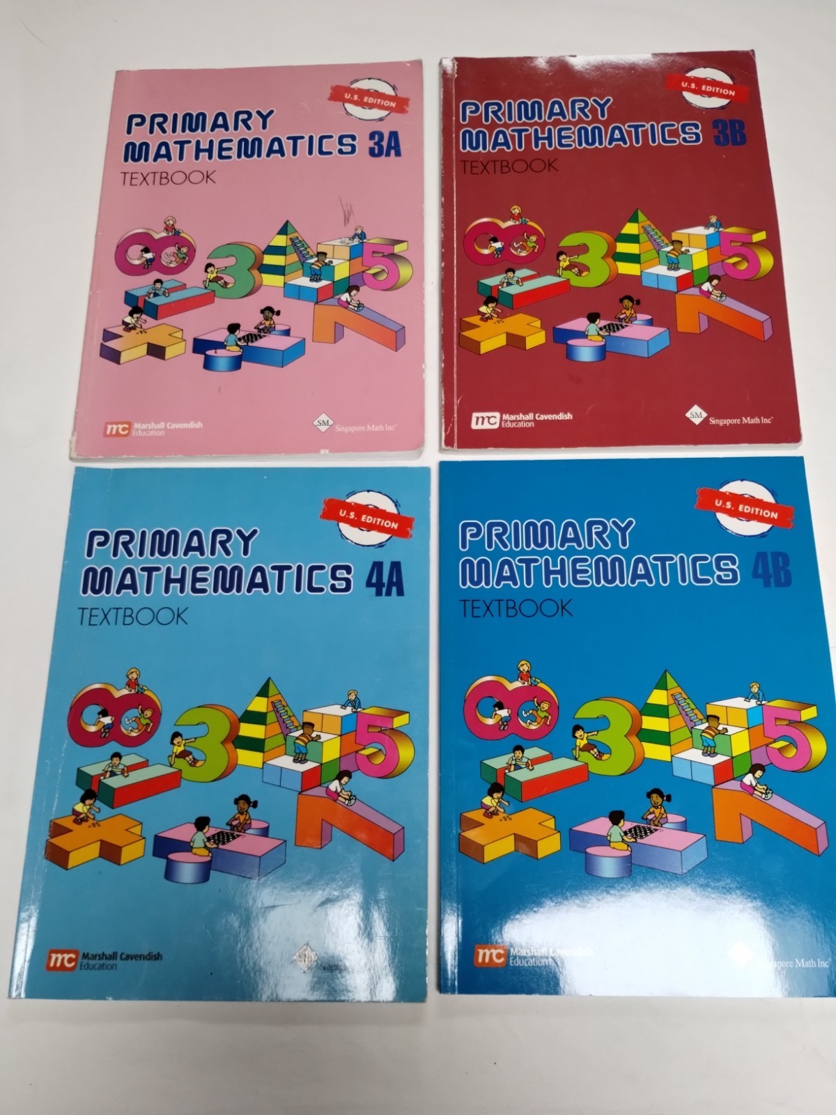 (4) Primary Mathematic Textbooks: 3A, 3B, 4A, 4B by Singapore Math Inc. 2014 PB