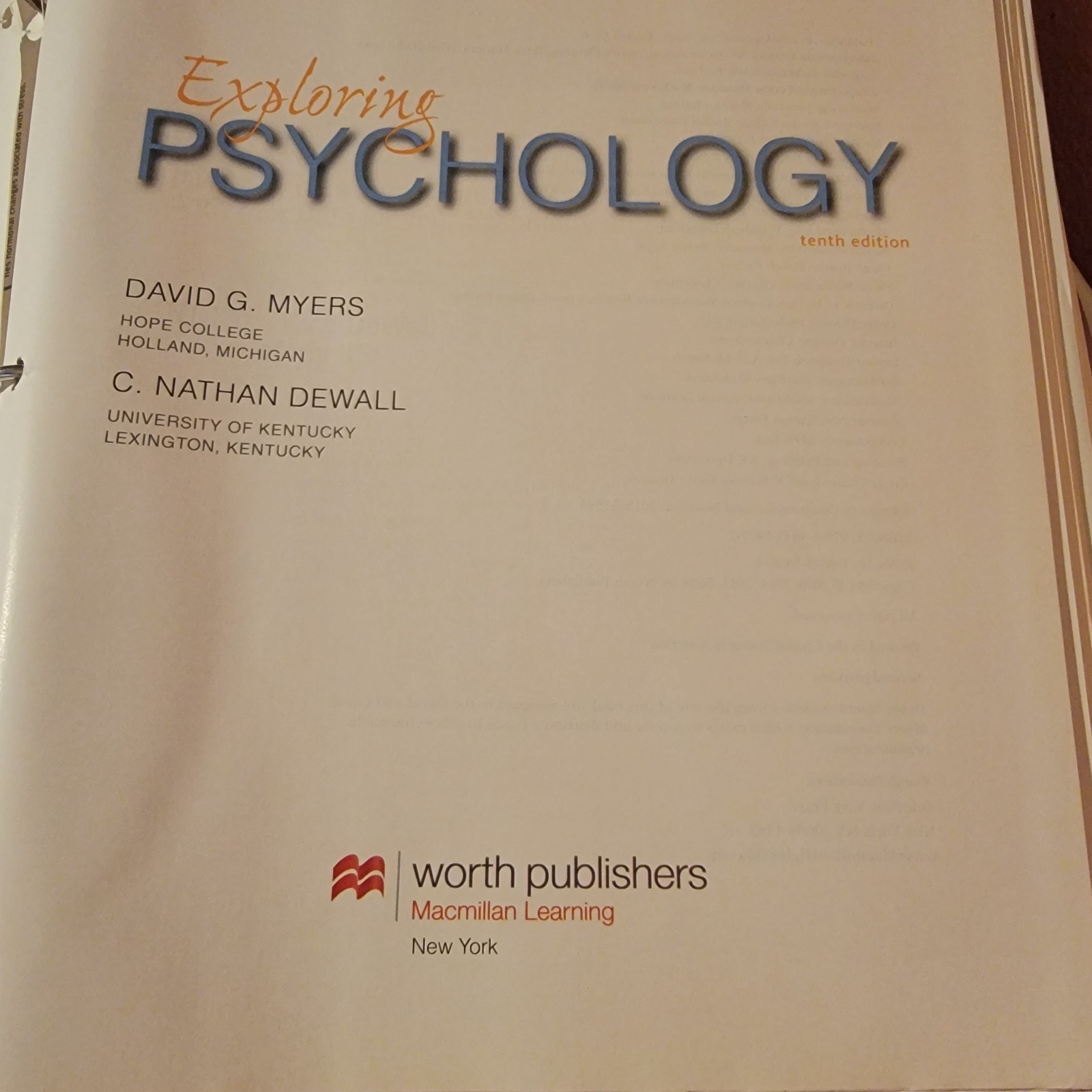 Exploring Psychology by David G. Myers and C. Nathan DeWall (2016, in Binder