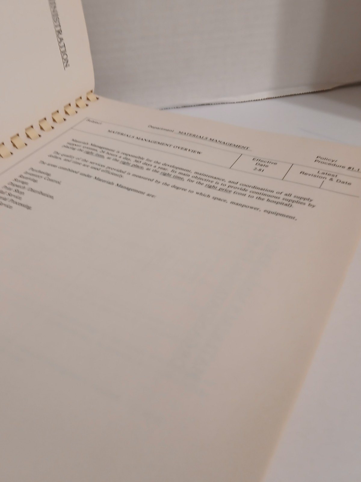 MATERIALS MANAGEMENT: POLICY AND PROCEDURE MANUAL By Jamie C. Kowalski 1982