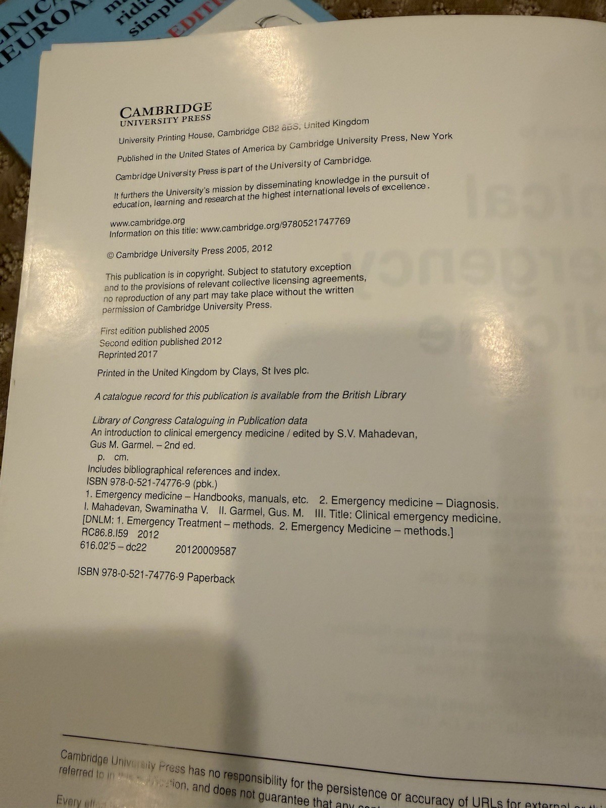 Cambridge Clinical Emergency Medicine 2nd Ed Mahadevan Garmel Textbook