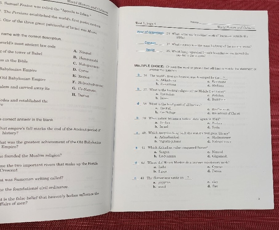 A Beka Book WORLD HISTORY & CULTURES Test/Map Project Key 57266005