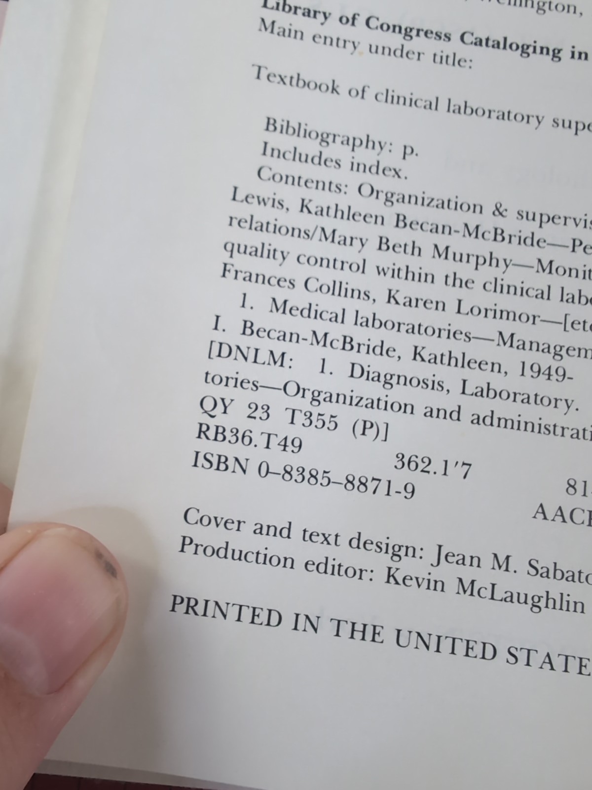 RARE! Textbook of clinical laboratory supervision by Becan-McBride, Kathleen