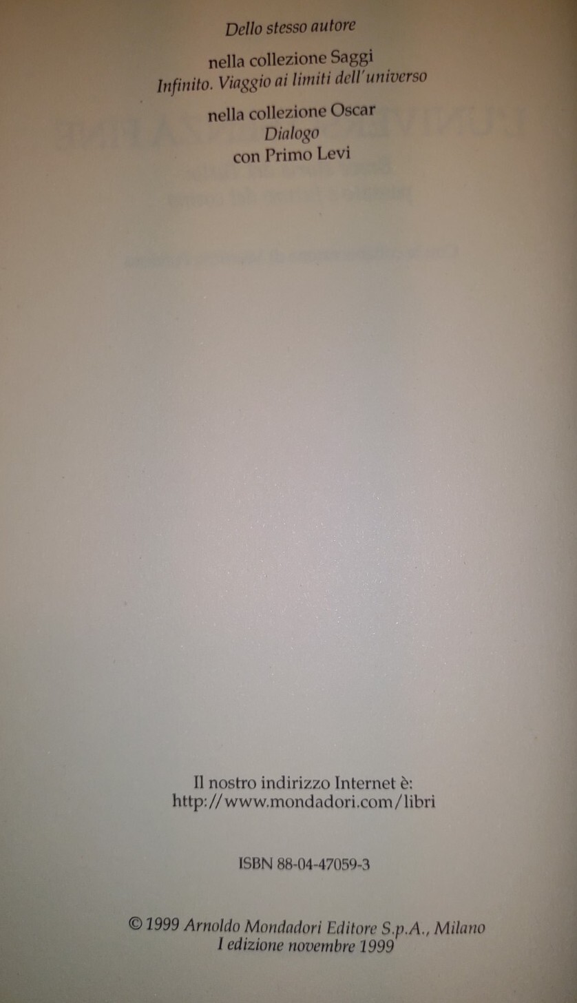 L’UNIVERSO SENZA FINE by Tullio Regge ~ Italian Edition (1999, 1st Ed HC/DJ)