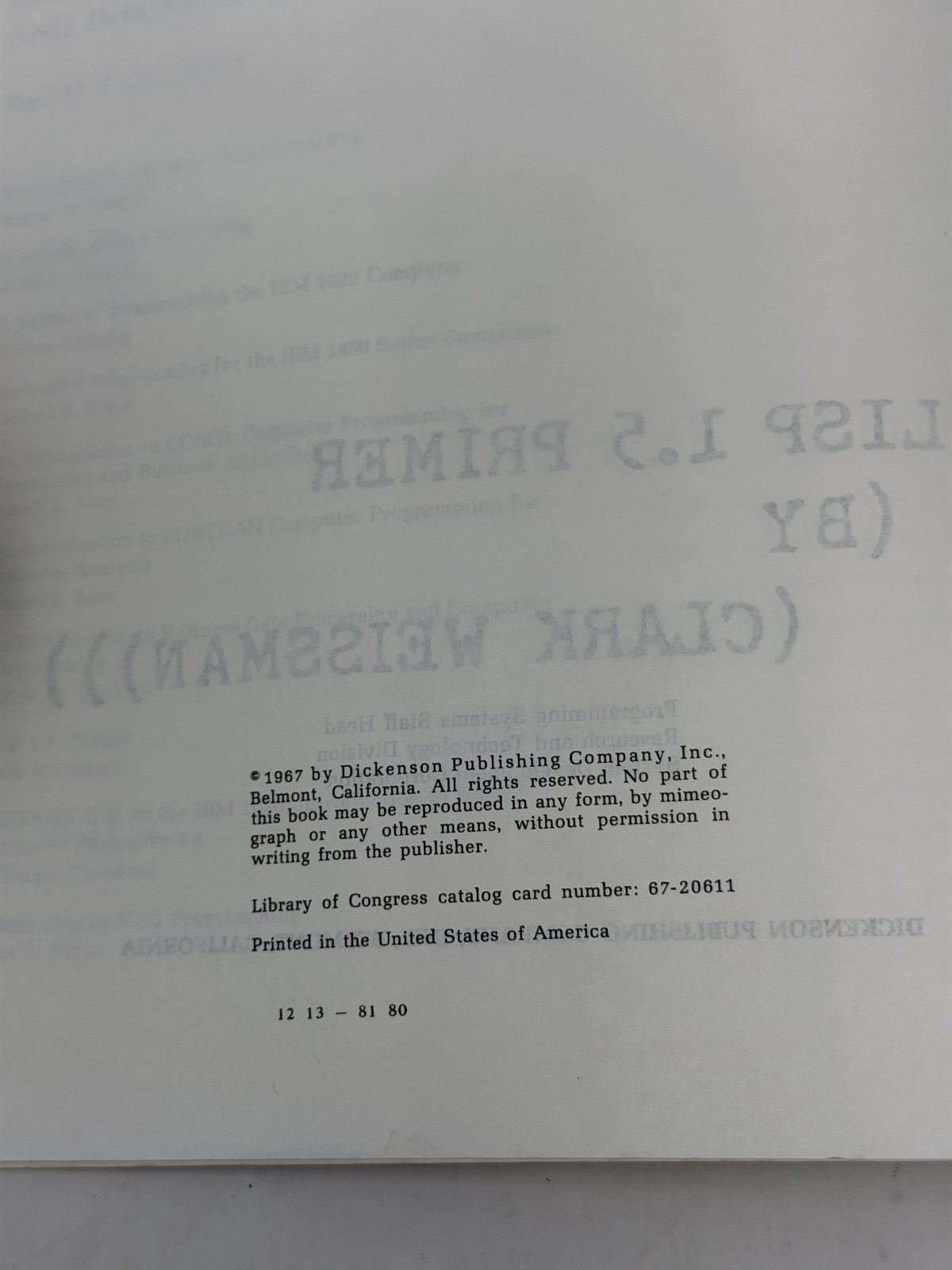 LISP 1.5 PRIMER by Clark Weissman (1967, SC)-Dickenson Series in Computer & Info