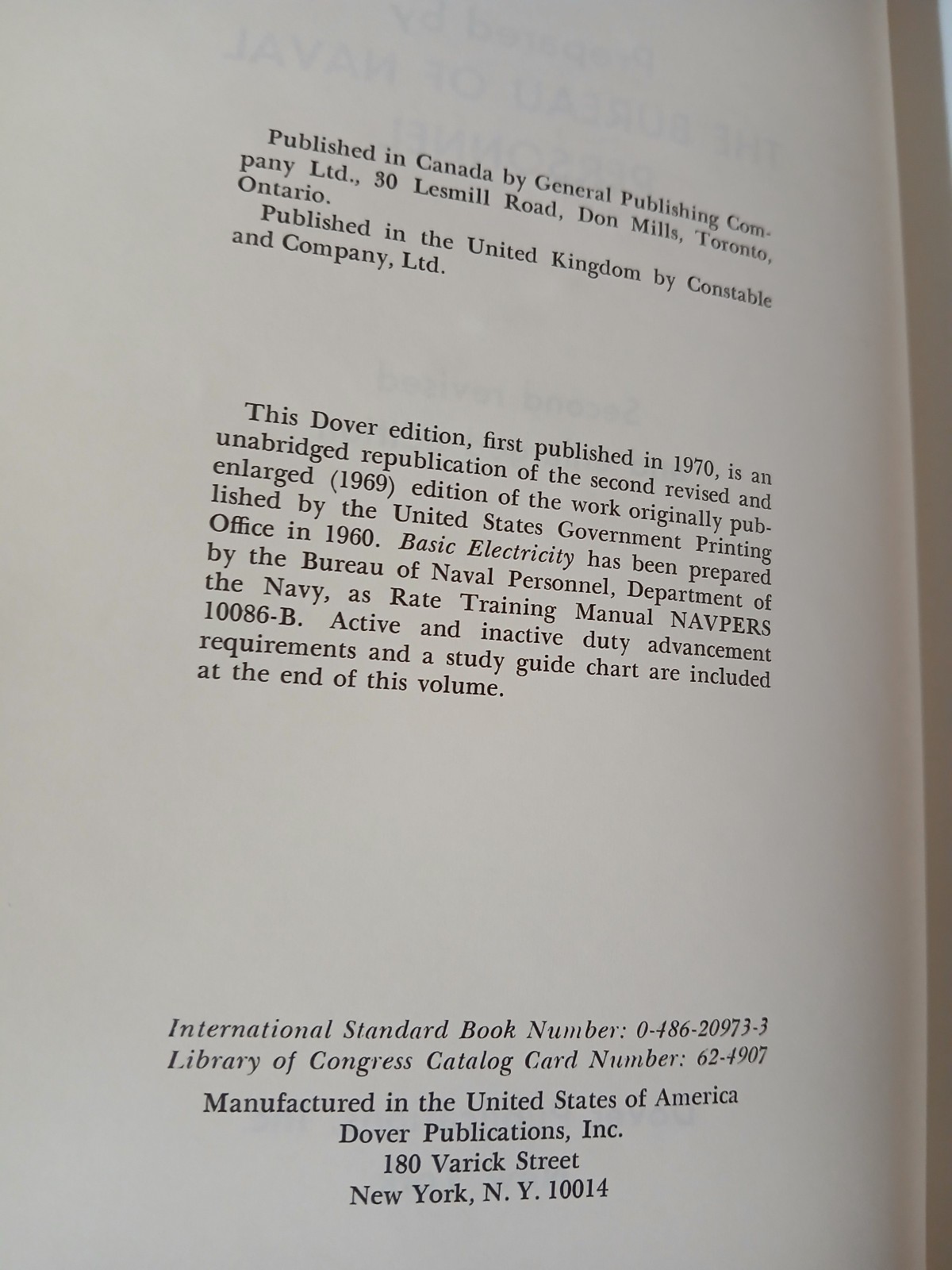 Basic Electricity – Prepared by the Bureau of Naval Personnel – 1970 Paperback