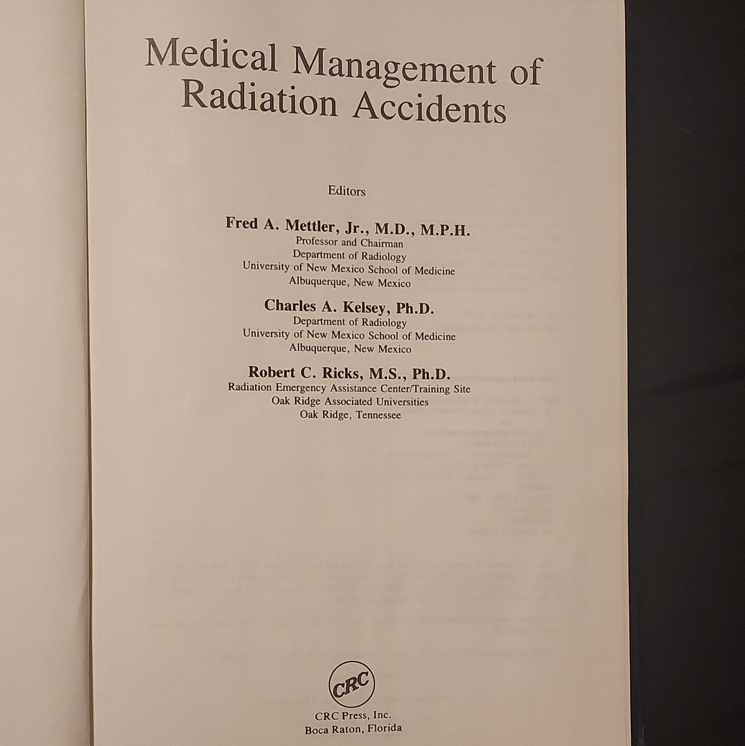 CRC Press Medical Management of Radiation Accidents Hardcover 1990 Mettler