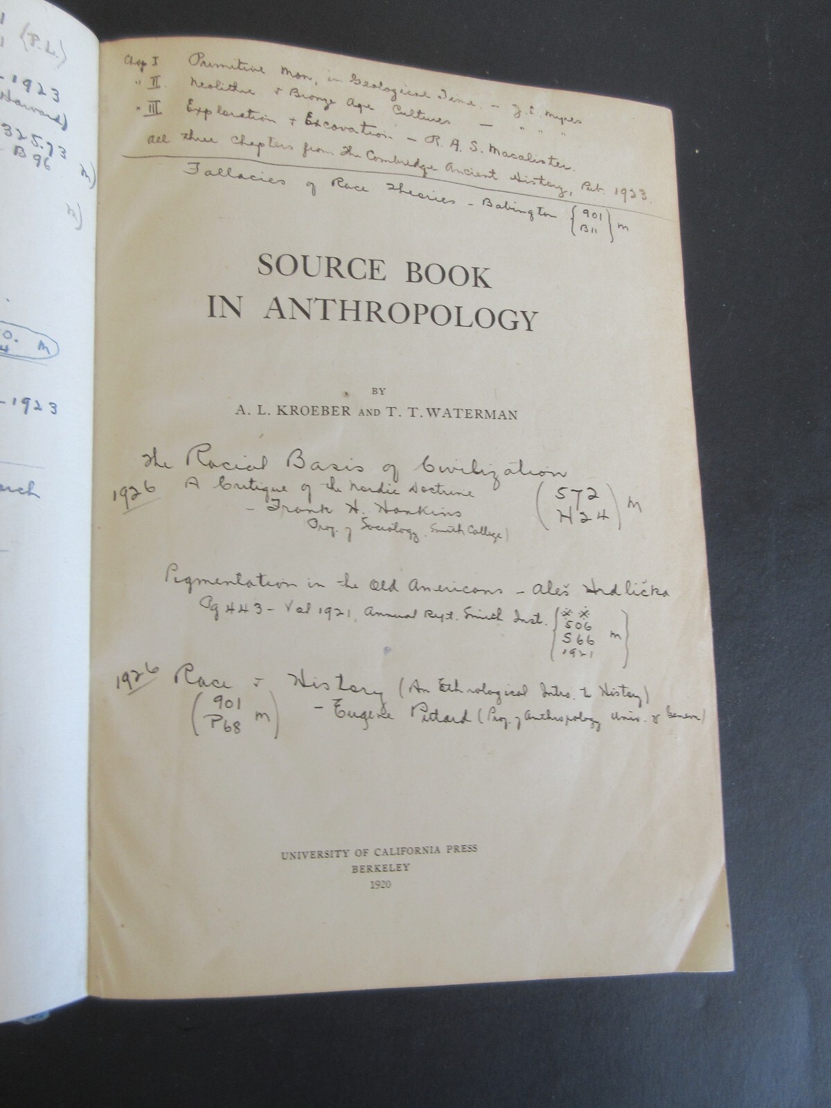 SOURCE BOOK IN ANTHROPOLOGY BY KROEBER & WATERMAN 1920a