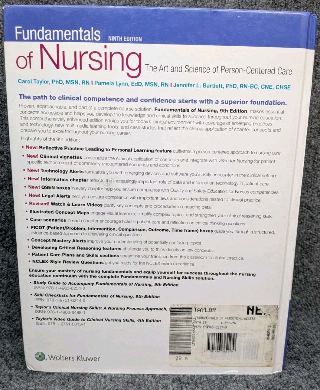 Fundamentals of Nursing 9th Edition Taylor Lynn Bartlett Hardcover Textbook HC