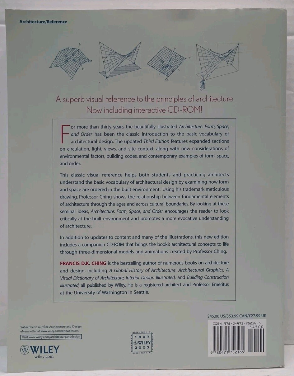 ARCHITECTURE : Form, Space, and Order by Francis D. K. Ching 2007 W/CD-ROM 3rdED