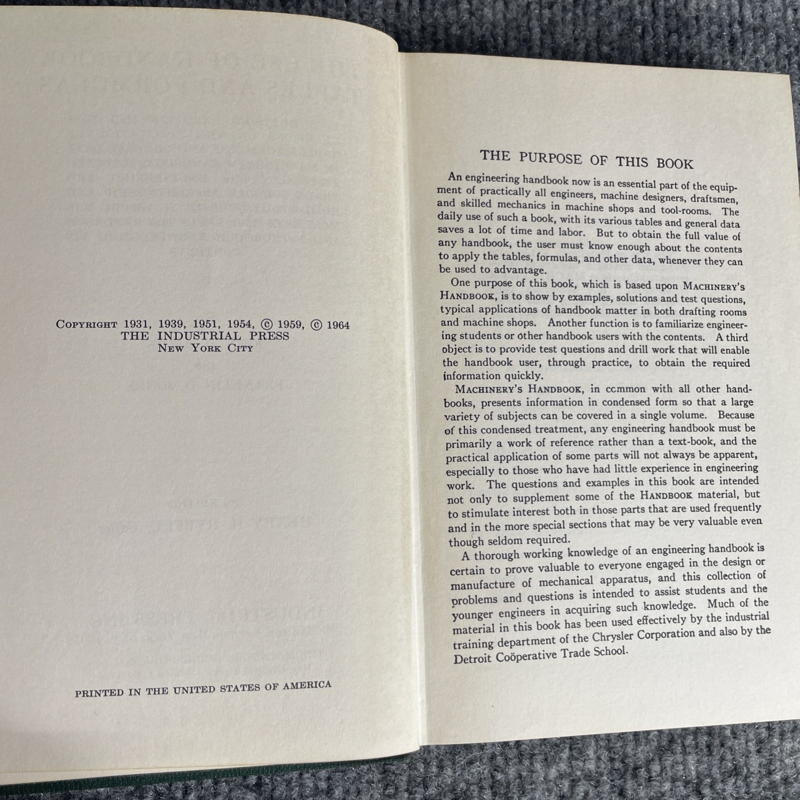 The Use Of Handbook Tables and Formulas Machinery Hardcover 1964 John M. Amiss
