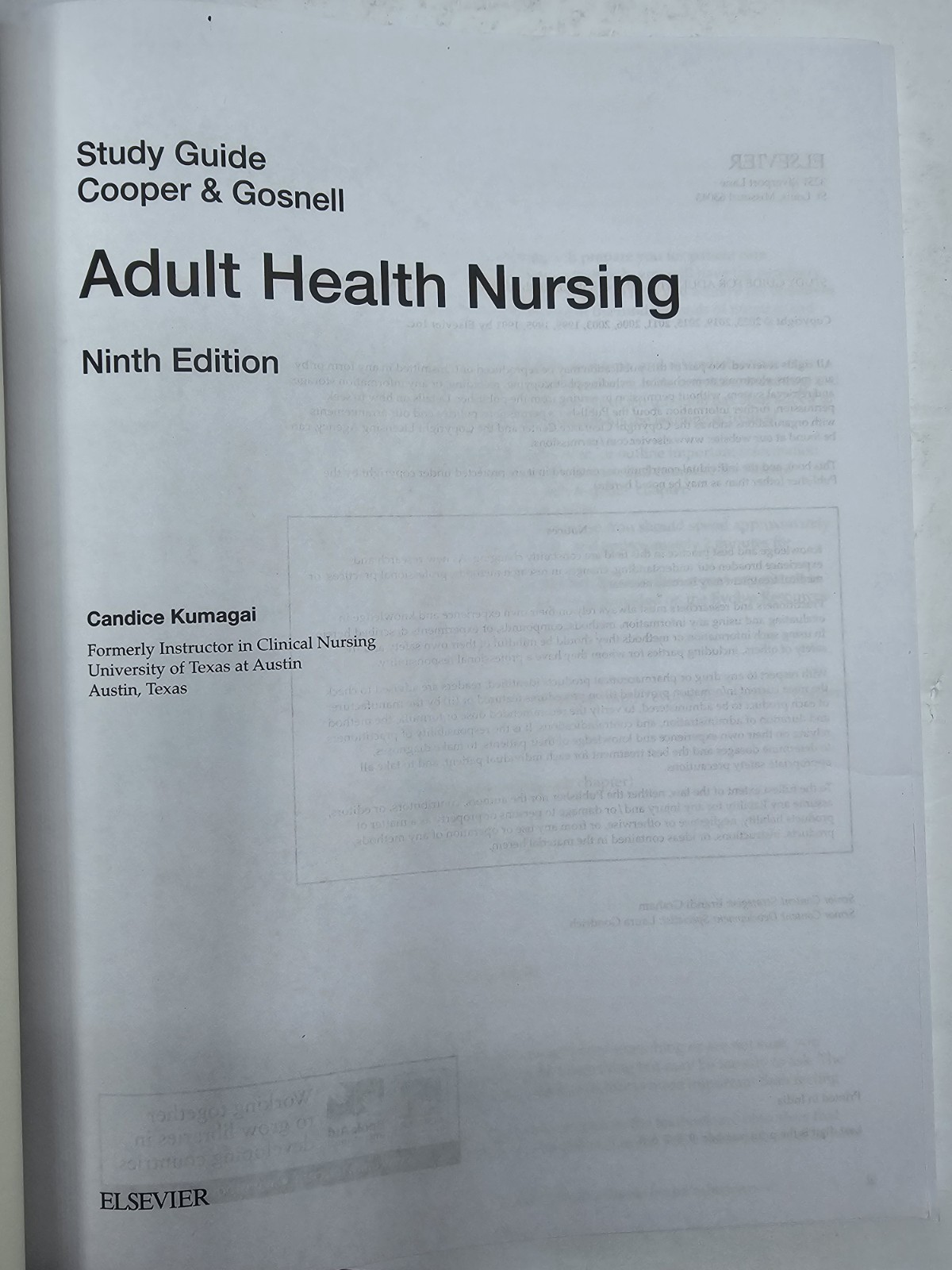 Adult Health Nursing Study Guide Edition 9 Cooper Elsevier PB Very Good