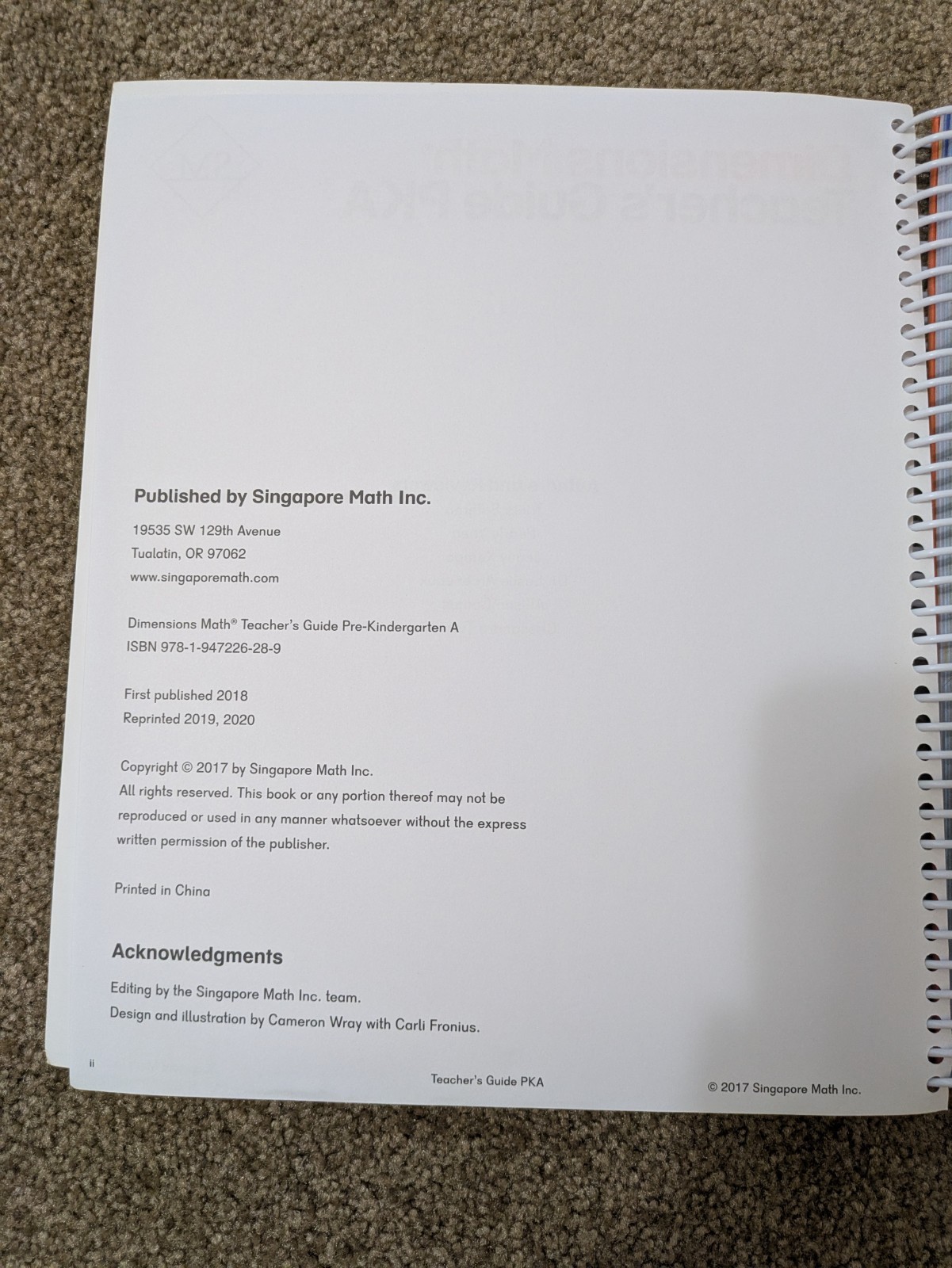 Dimensions Math Teachers Guide PKA – Spiral-bound By Singapore Math Inc – GOOD