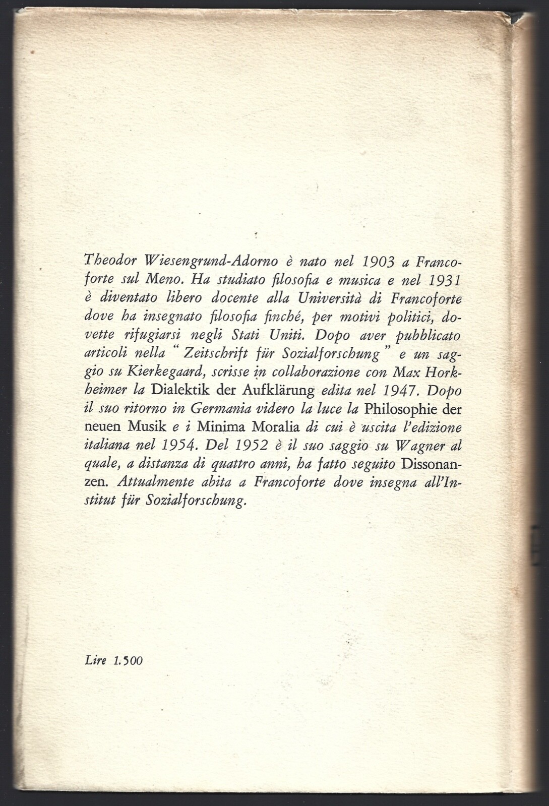 THEODOR W. ADORNO DISSONANZE BOOK PHILOSOPHY CRITICAL THEORY 1959 1ST DJ ITALY