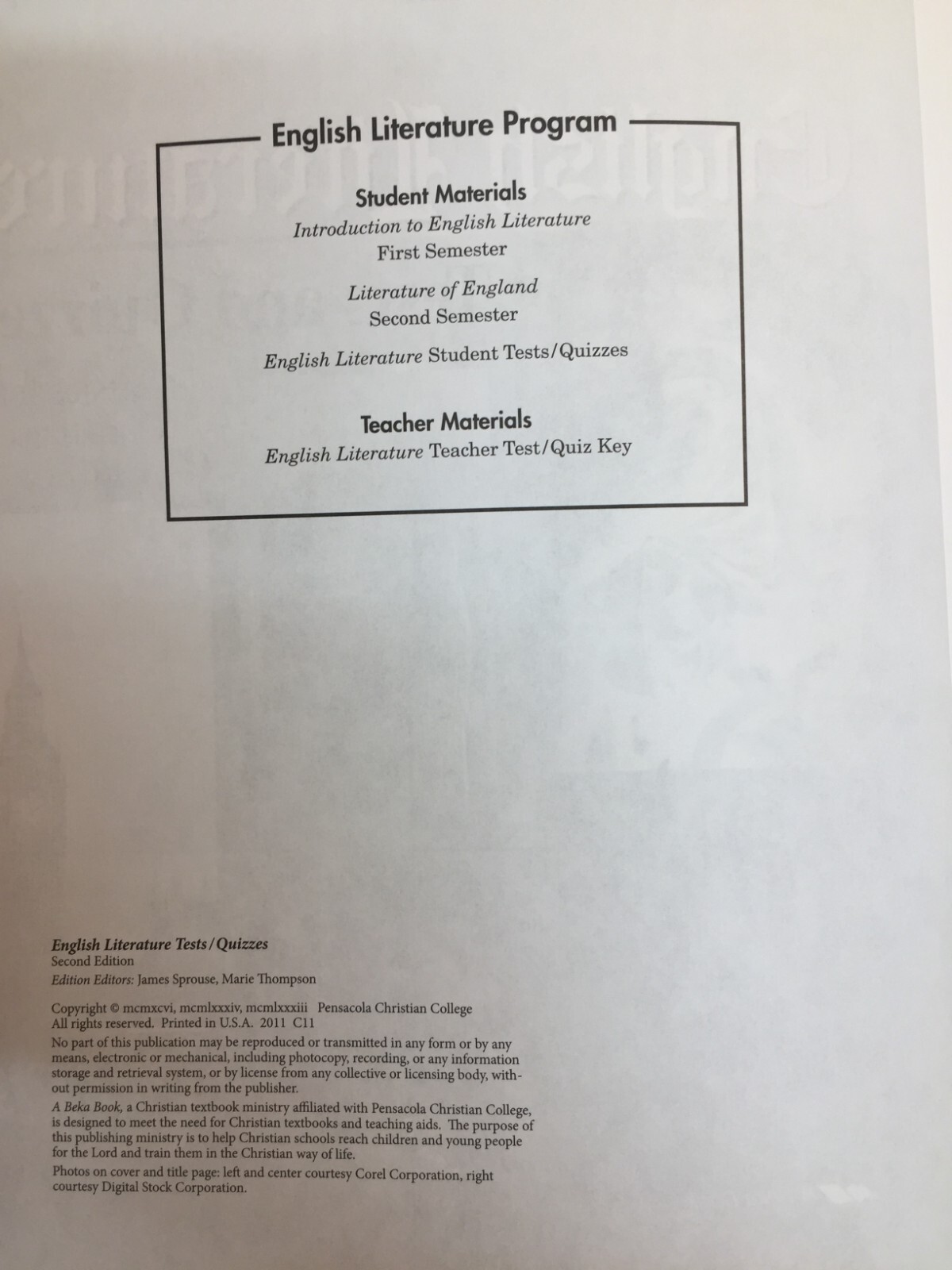 A Beka Book English Literature Teacher Test/Quiz Key Vol. 5, 6 Grade 12