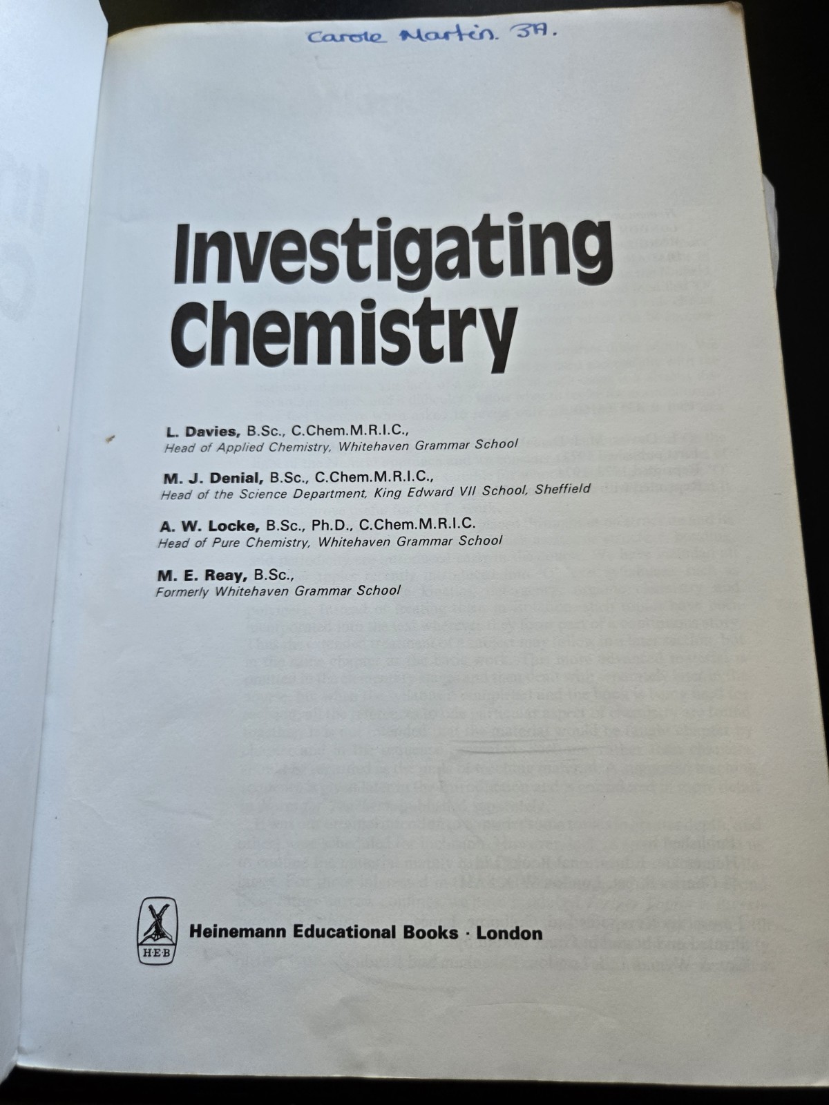Investigating Chemistry – Davies, Denial, Locke & Reay (Heinemann, 1976 Reprint)