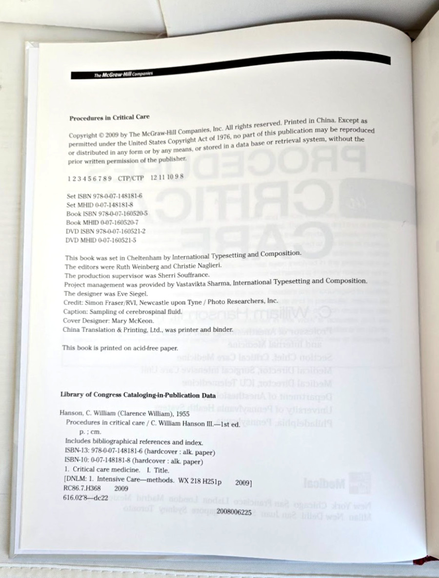 PROCEDURES IN CRITICAL CARE C William Hanson III INCLUDES UNOPENED DVD