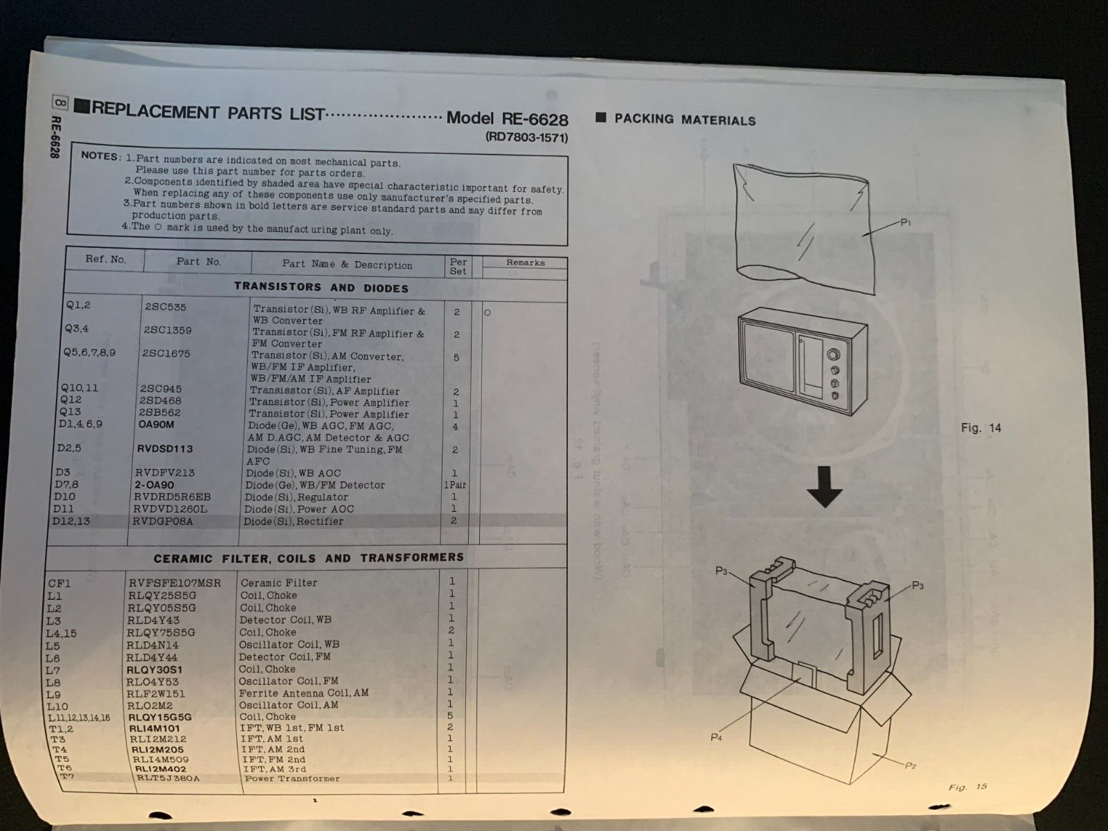 Panasonic RE-6628 FM/AM/WB 3-Band Table Radio ORIGINAL Service Manual 1978