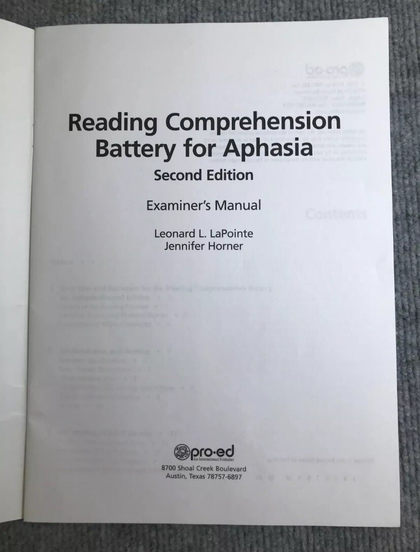 Reading Compreh Battery Aphasia-2 Adults/TBI/Neurogenic Disorders MANUAL ONLY