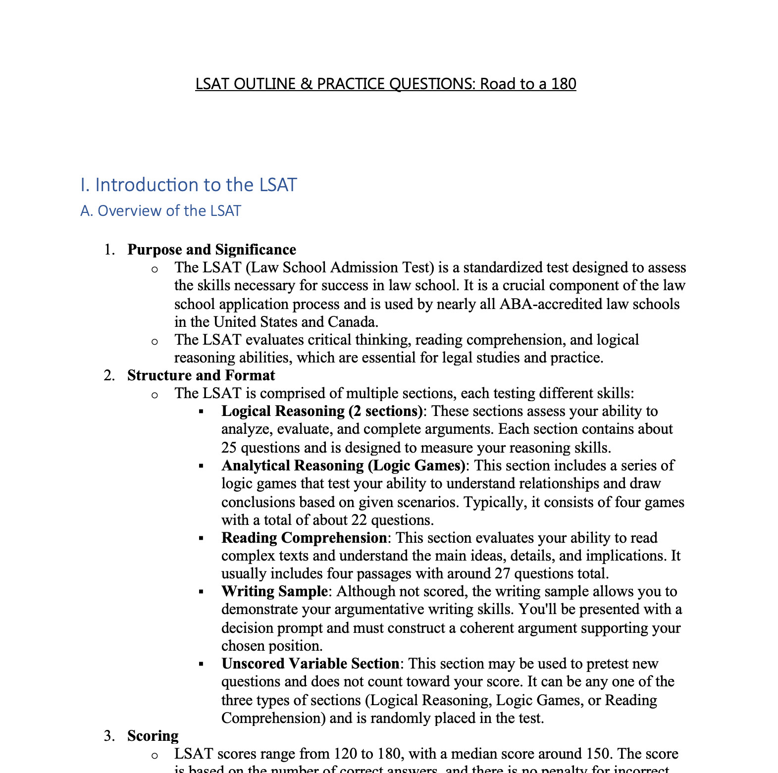 Over 30, 2024 LSAT Practice Questions and Outline – Road to 180