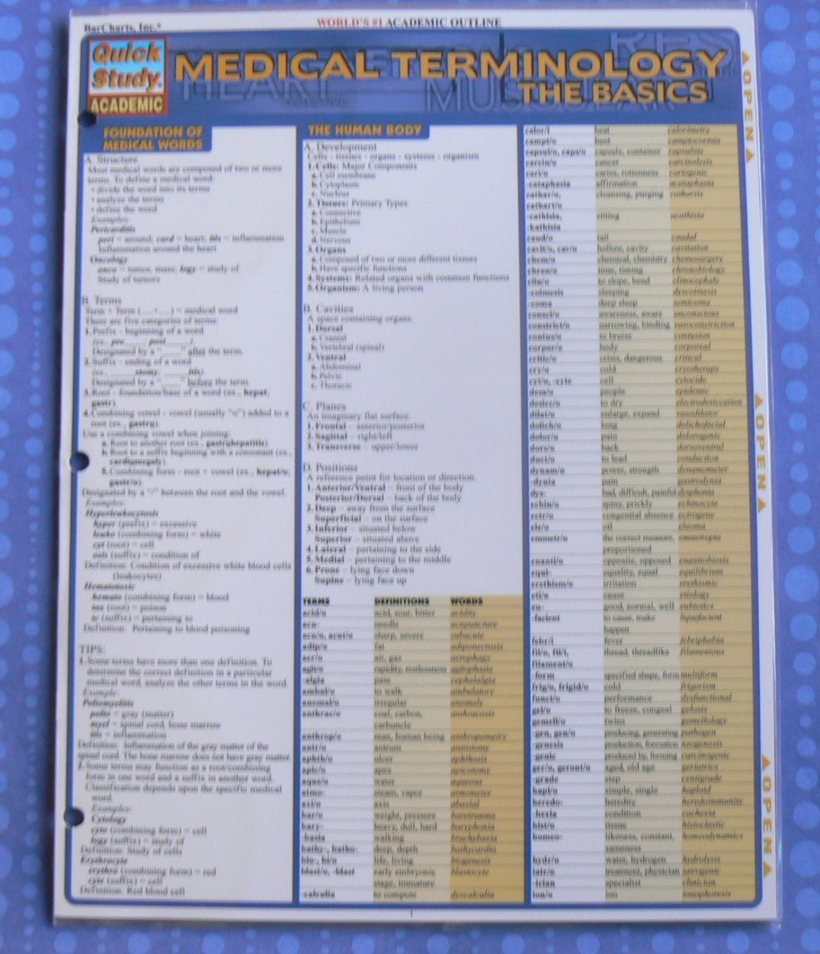 Medical Terminology,Basics, 6-page laminated Quick Study reference LN! BarCharts