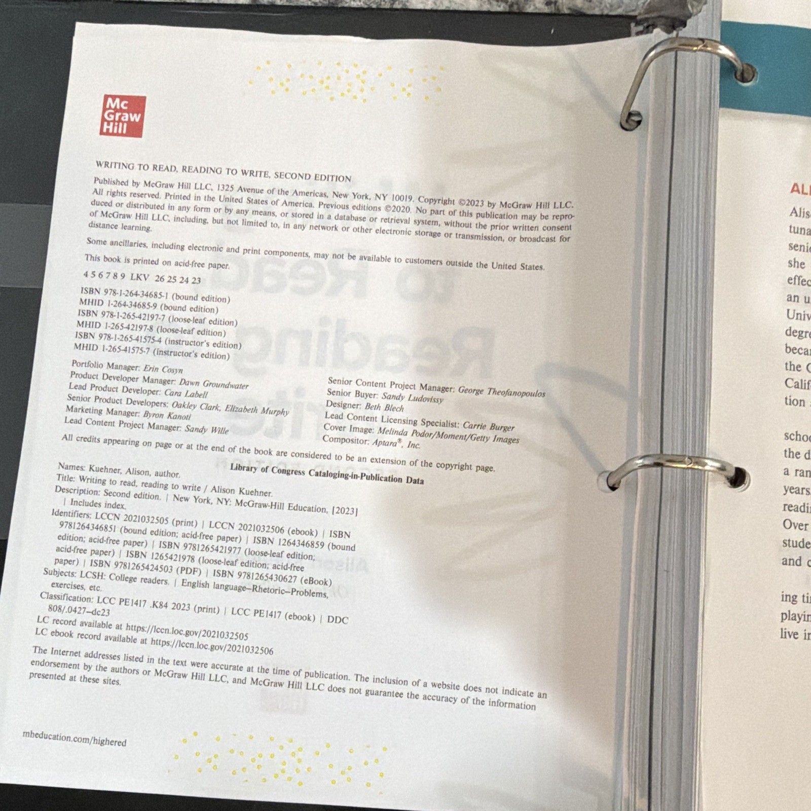 McGraw Hill Writing to Read, Reading to Write 2nd Ed Ringbound Kuehner 2023