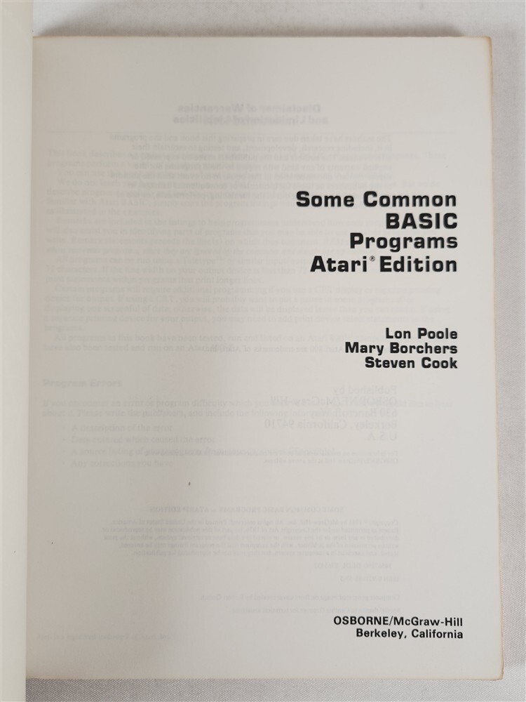 Some Common BASIC Programs Atari Edition ~ Osborne / McGraw-Hil 1981 PB