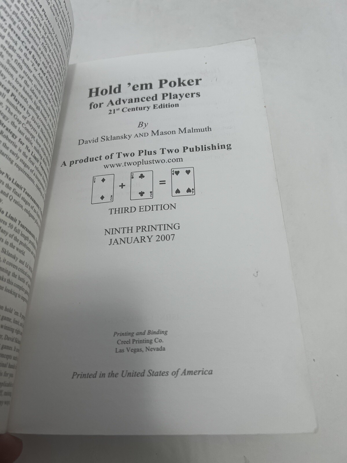 Hold’em Poker For Advanced Players By David Sklansky & Malmuth Good Condition