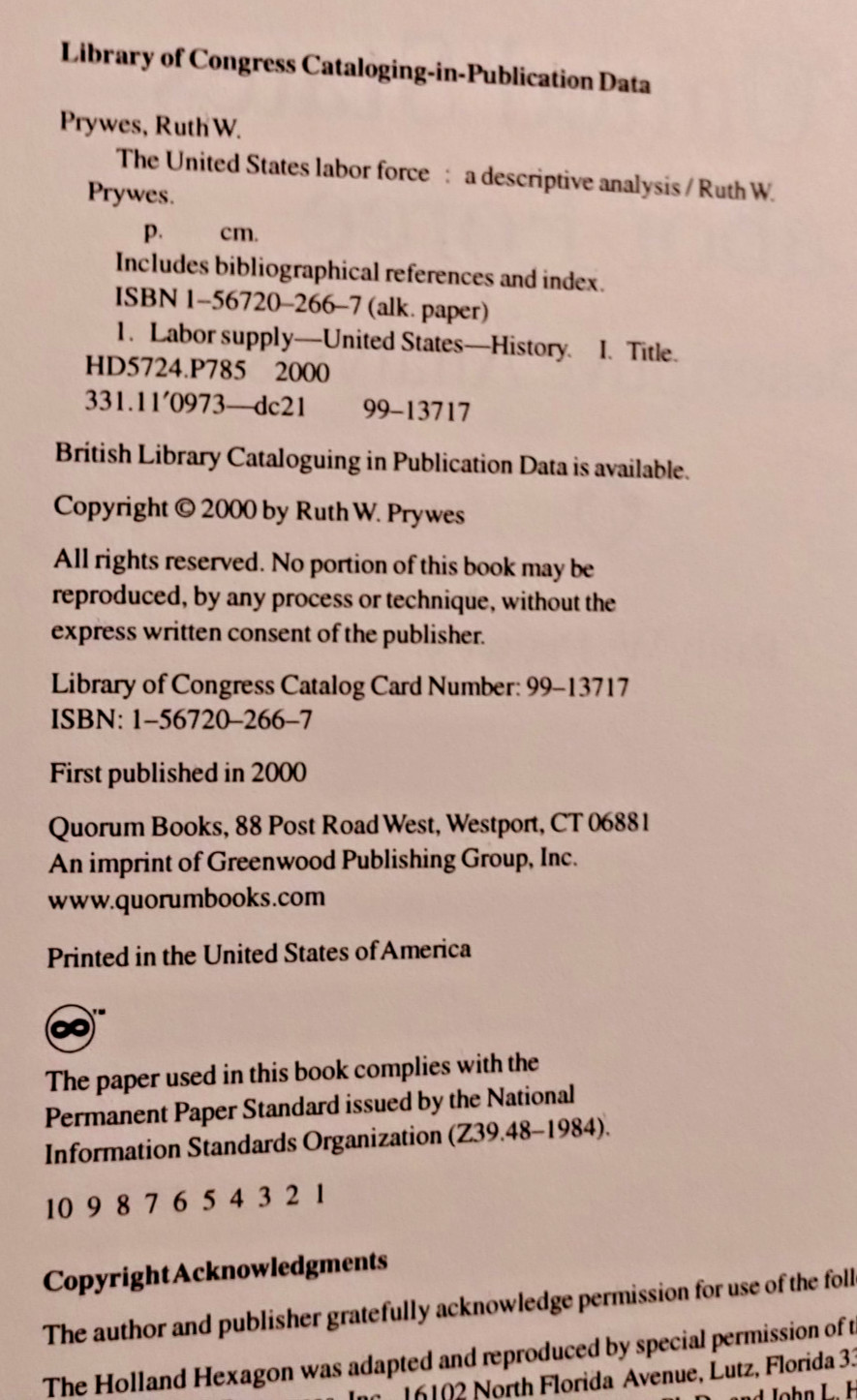 United States Labor Force : A Descriptive Analysis by Ruth Prywes 2000 Ex Libris
