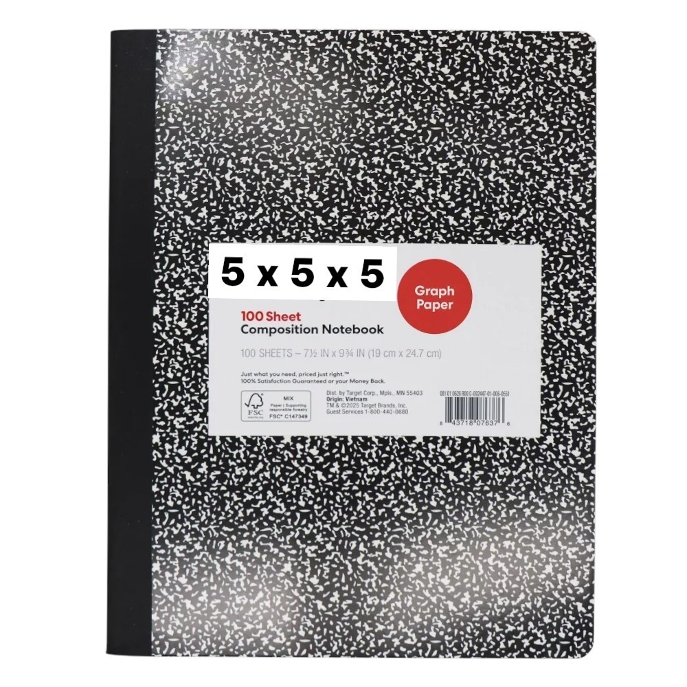 Quad Ruled 5×5 Graph Composition Notebook 9.7×7.5″ 3 Books 100 Sheets Dark Lines