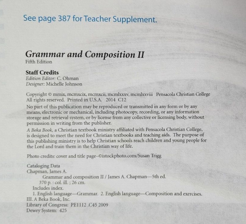 Abeka A Beka Book GRAMMAR & COMPOSITION II Fifth Ed TEACHER KEY Spiral 13826605