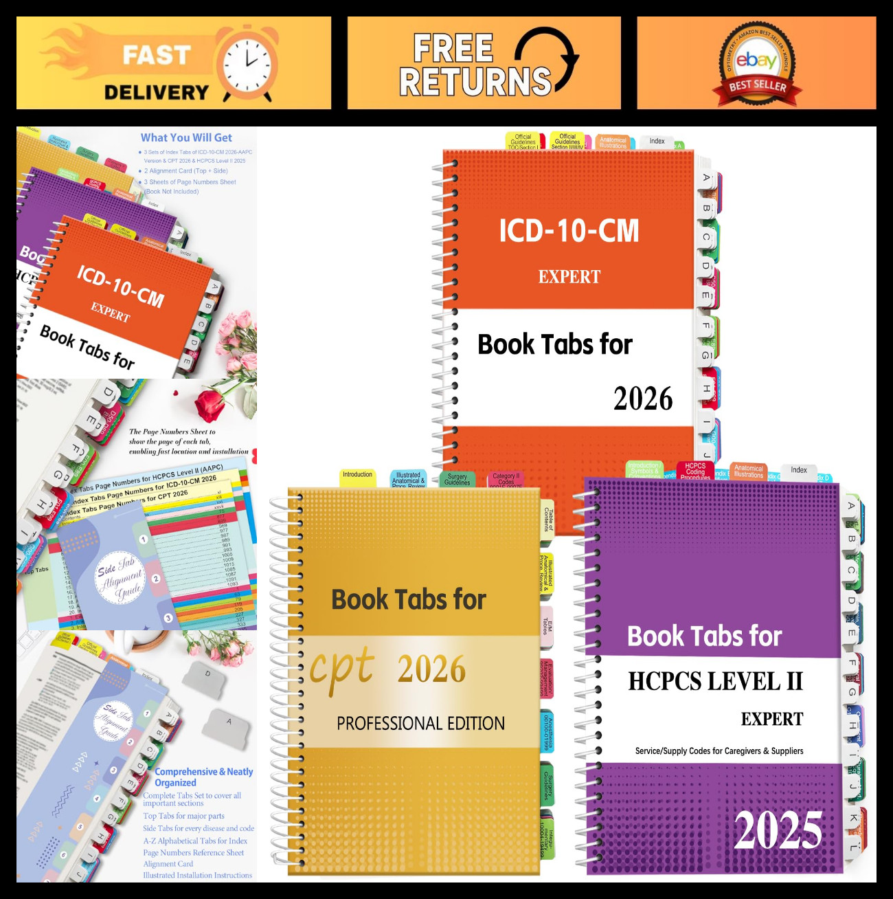 Color-Coded Index Tabs Set for CPT 2026, ICD-10-CM 2026 & HCPCS Level II 2025, W