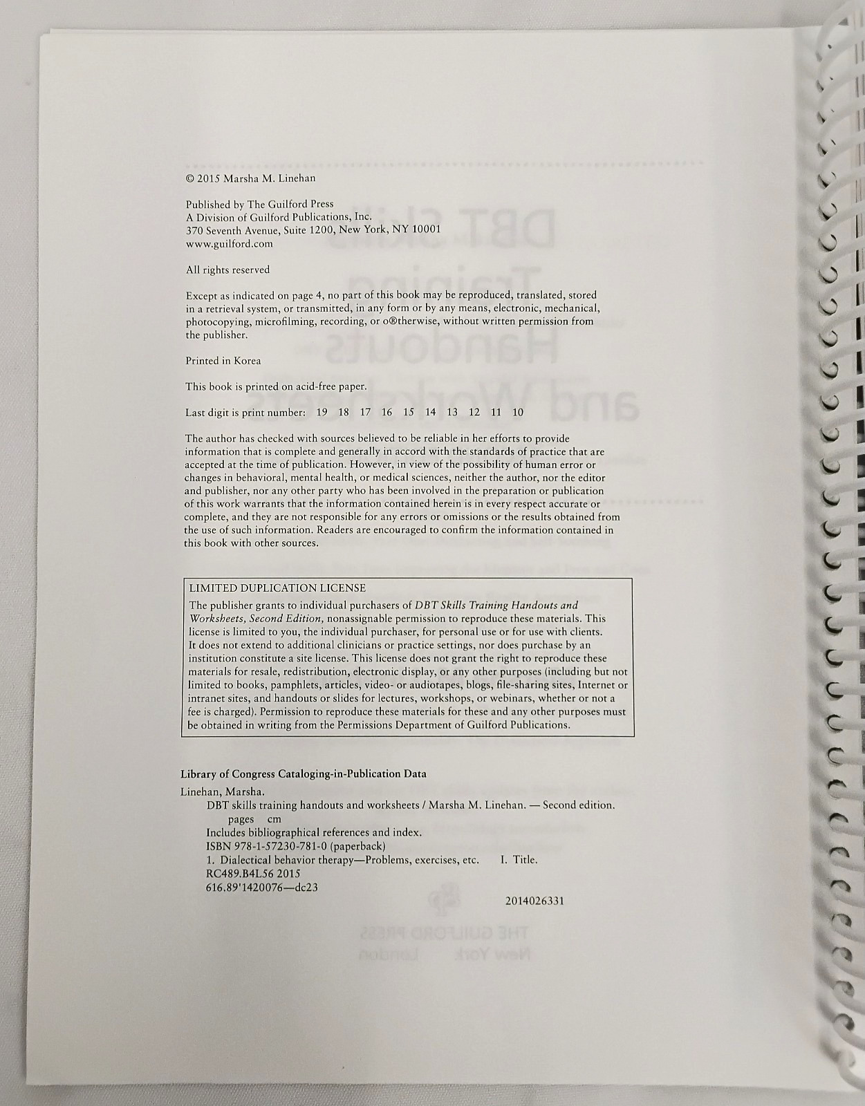 DBT Skills Training Handouts and Worksheets Spiral Bound 2nd Edition #W4410