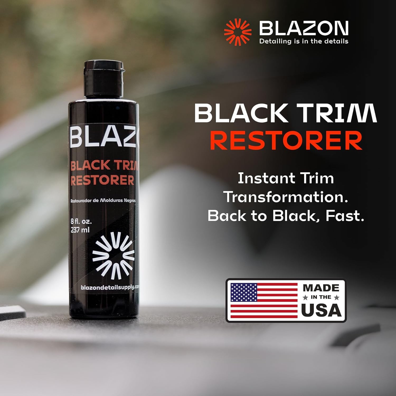 BLAZON Black Trim Restorer 8 oz – Dye-Infused Solution for Car Trim