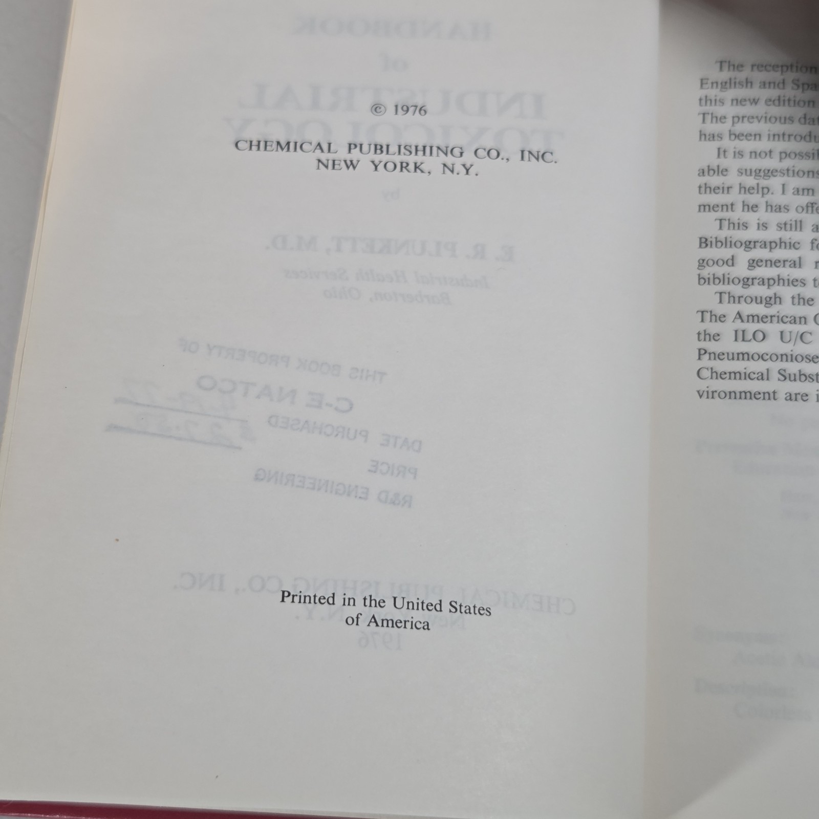 Handbook of Industrial Toxicology by E. R. Plunkett 1976 Hardcover
