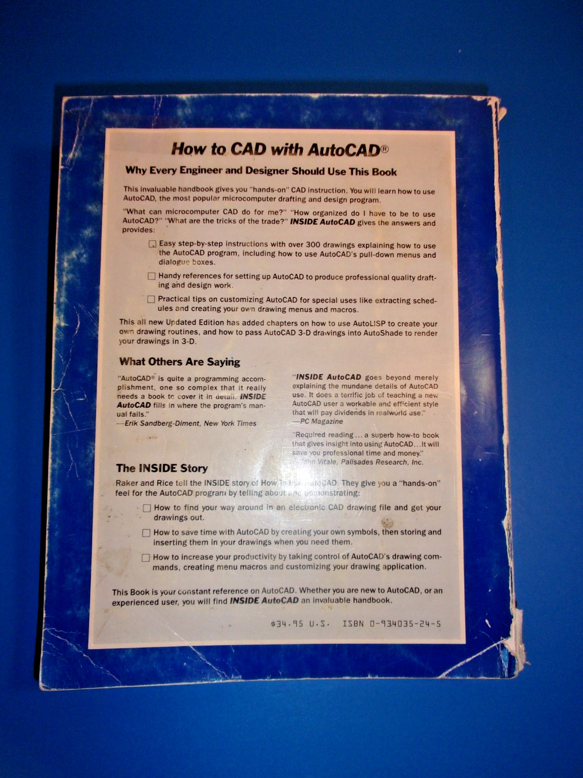 Vintage, Inside AutoCAD, 1988, 4th Edition, by D. Raker and H. Rice