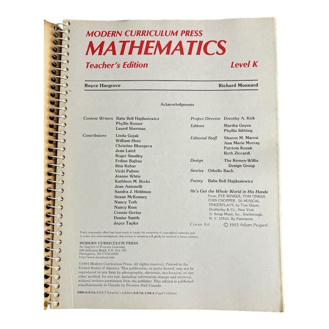 MCP Mathematics Level K Teachers Guide Grade K 1994 Spiral Bound Homeschool W101