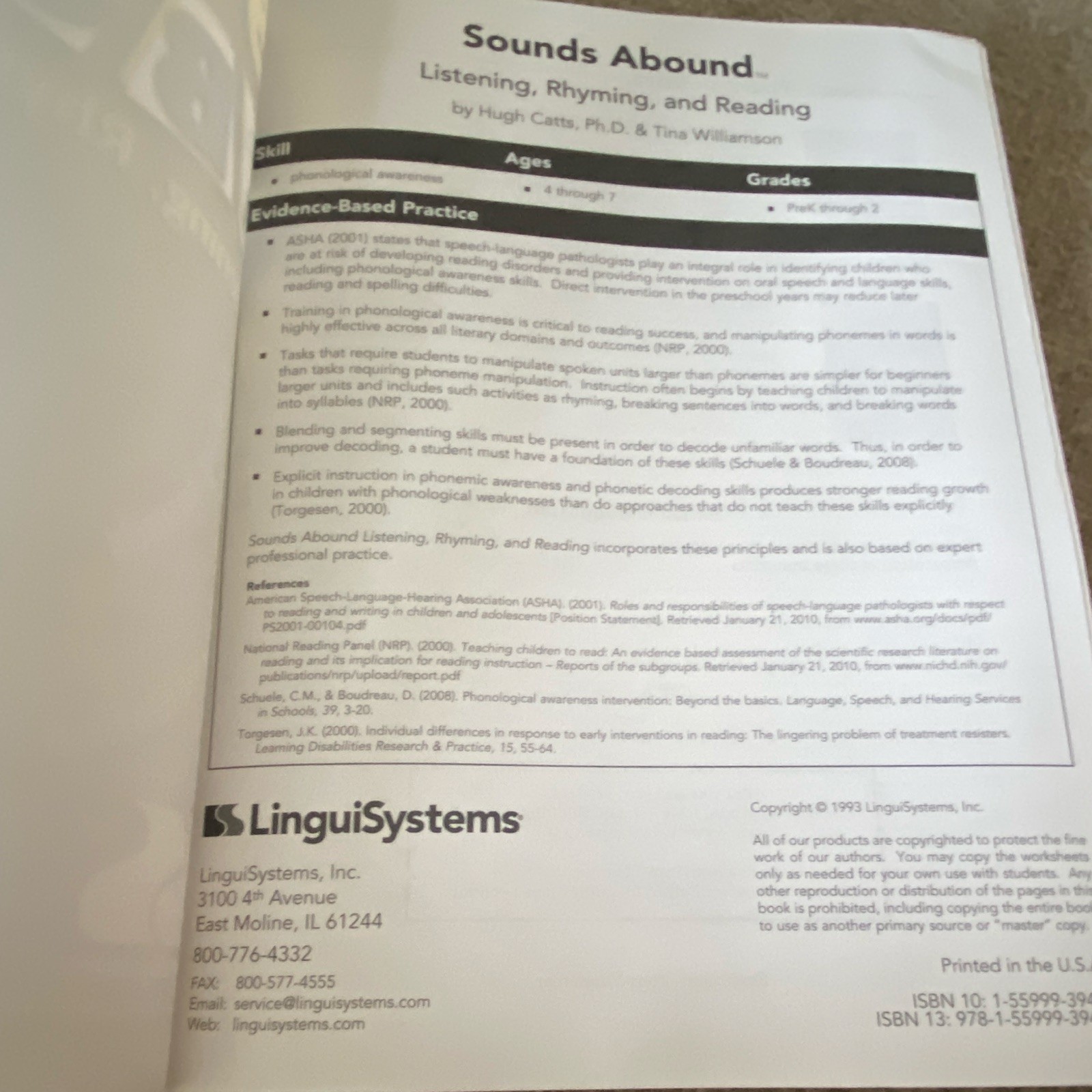 LinguiSystems Sounds Abound Listening Rhyming Reading PB 1993 Catts Williamson