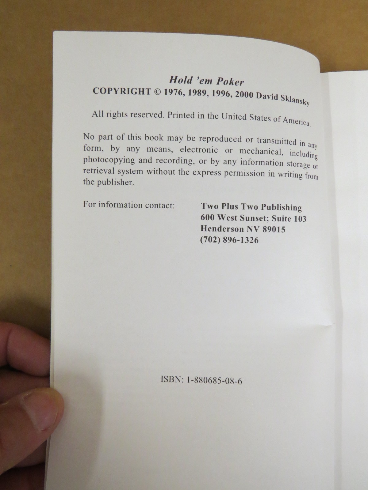 Hold’em Poker – Paperback By Sklansky, David – 2000 PB Gambling Game Skill