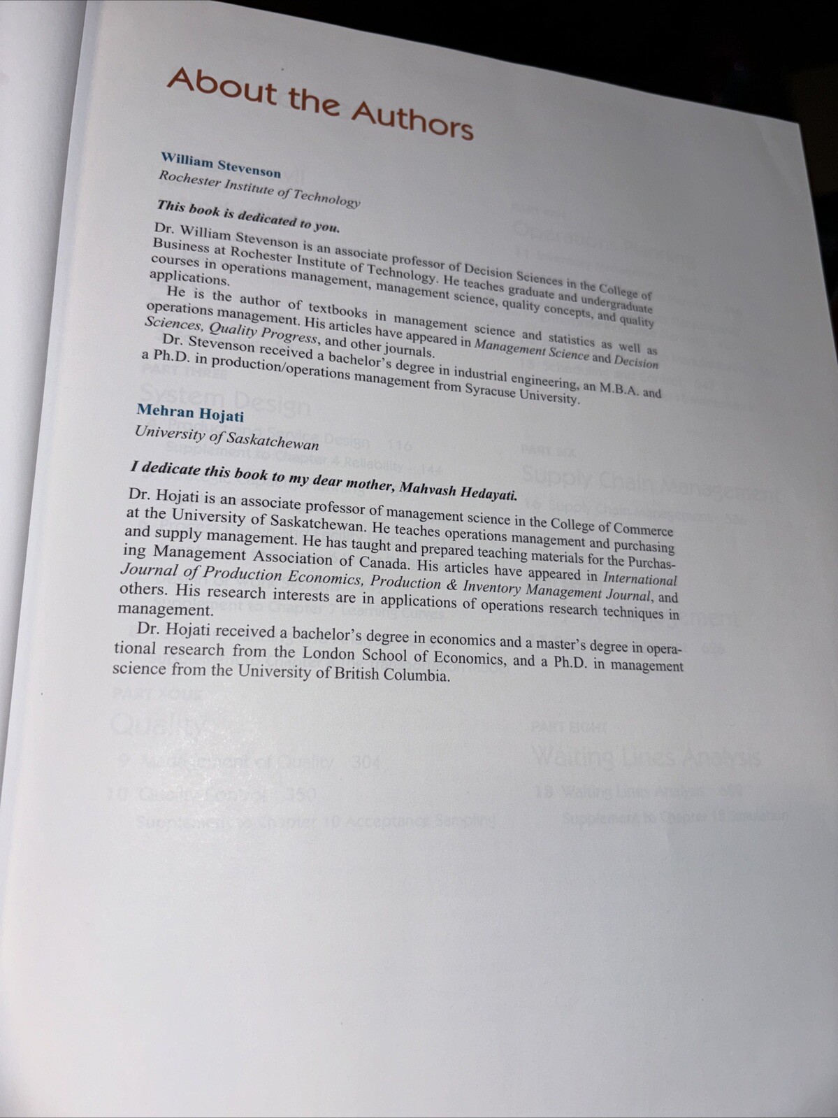 Operations Management Hardcover William J. Stevenson / Mehran Hojati. Exc Cond.
