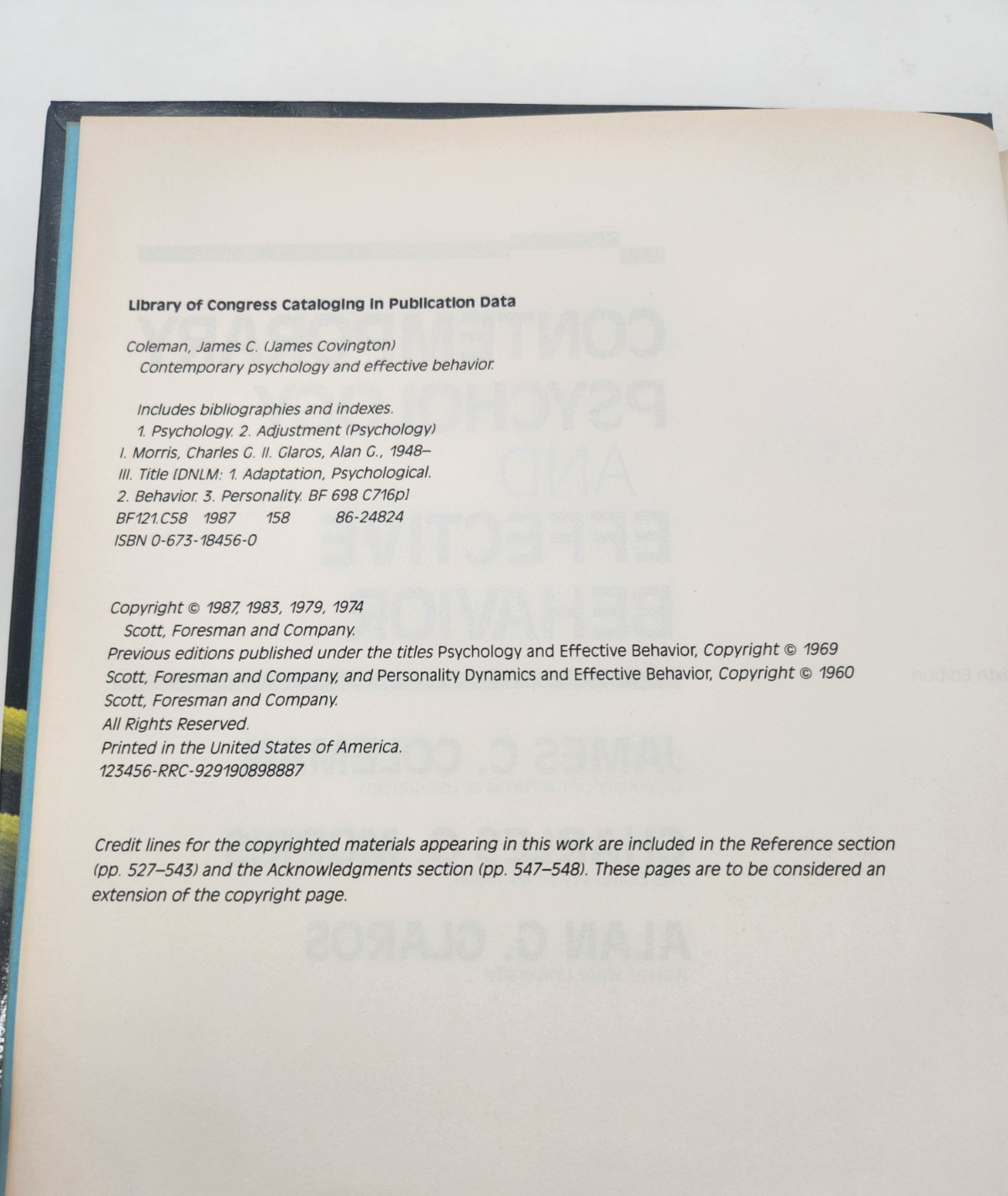 Contemporary psychology and effective behavior by Coleman, James C 1987 Hardcove