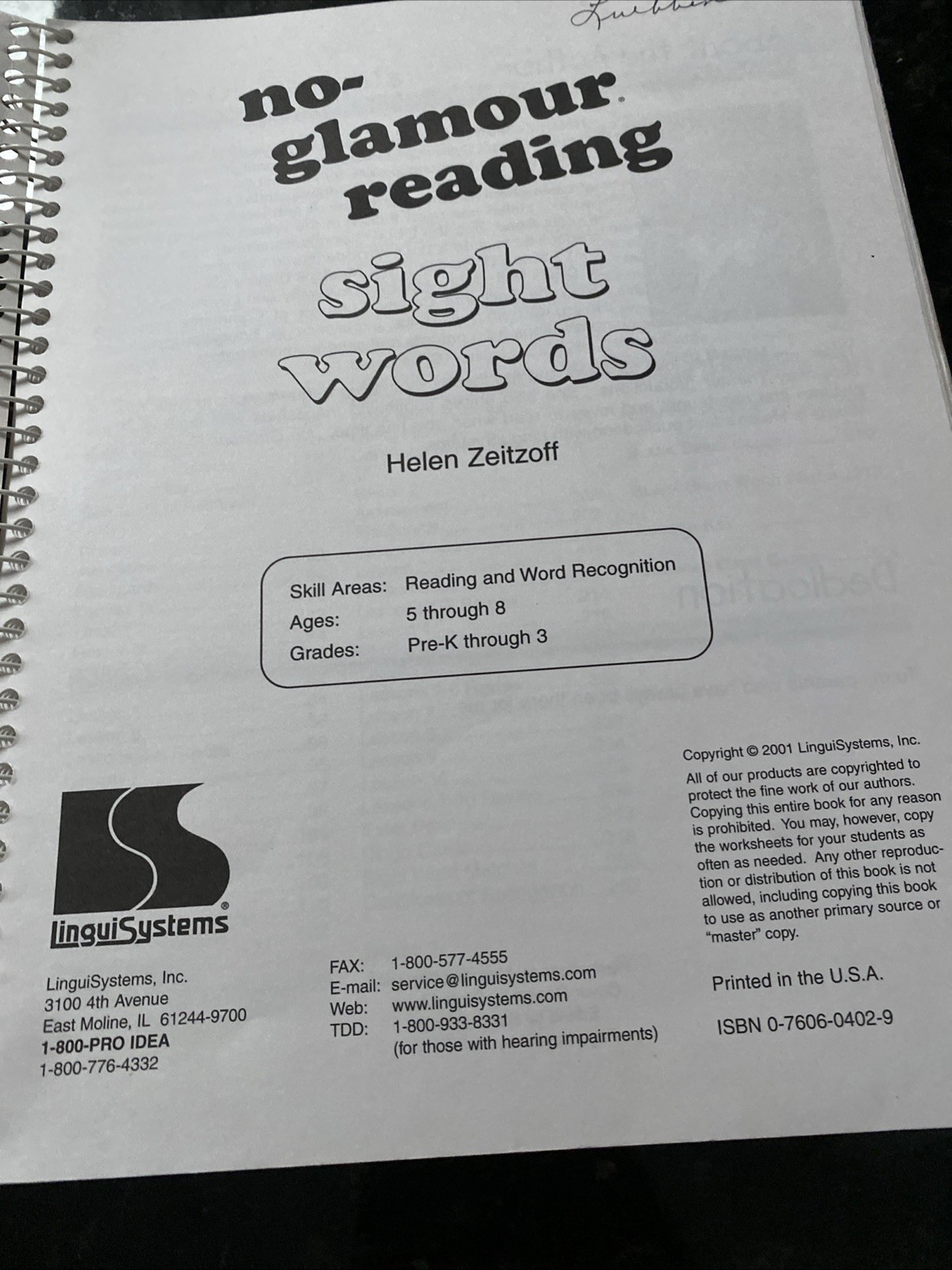 No-Glamour Reading Sight Words Workbook Helen Zeitzoff Spiral Bound 2001 328p