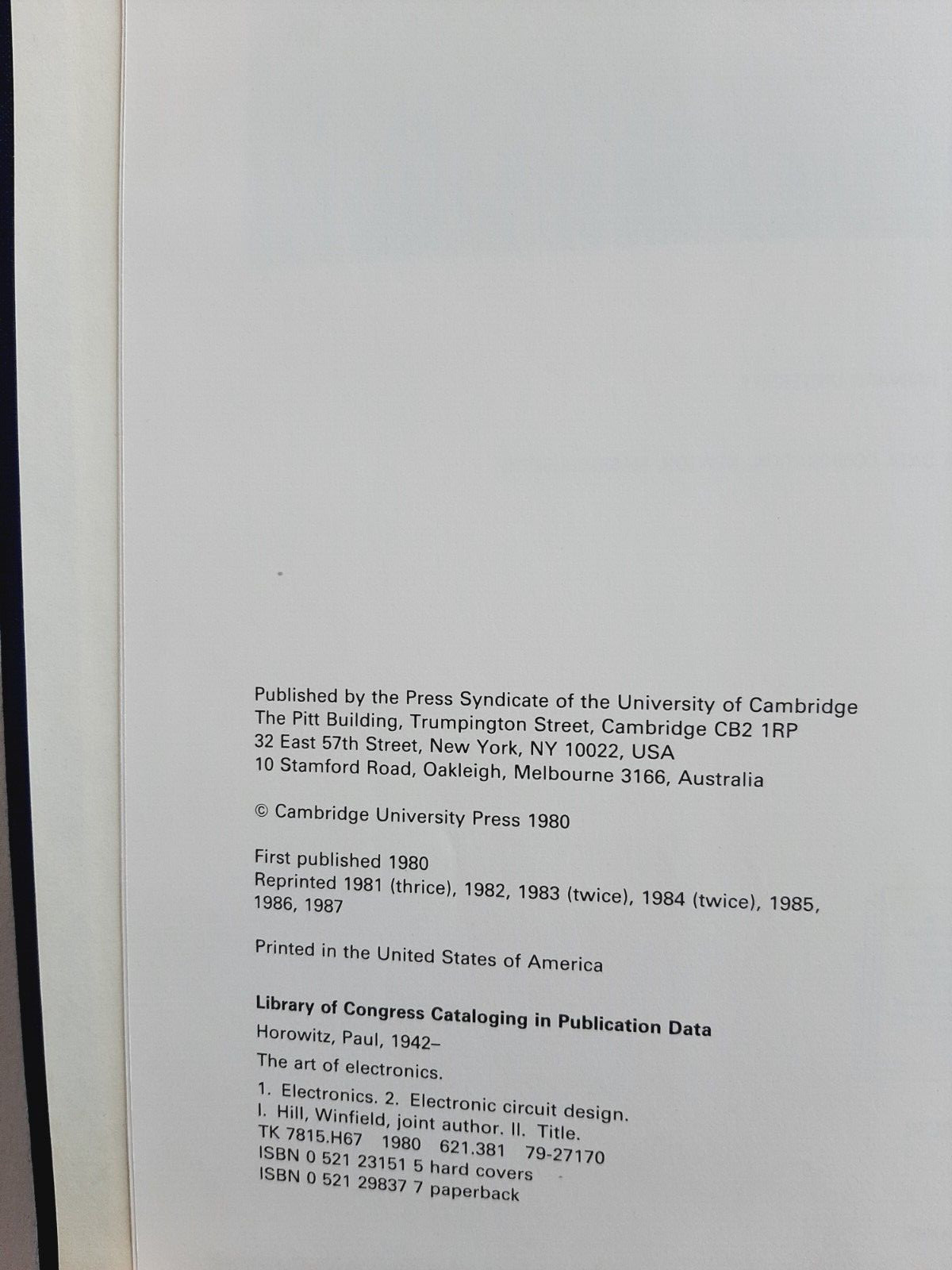The Art of Electronics by P. Horowitz & W. Hill, Cambridge, 1987, Hardcover