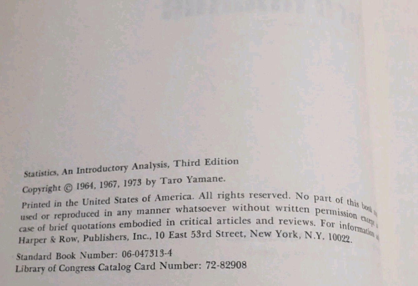 Statistics An Introductory Analysis 3rd Edition 1973 Taro Yamane Hardcover