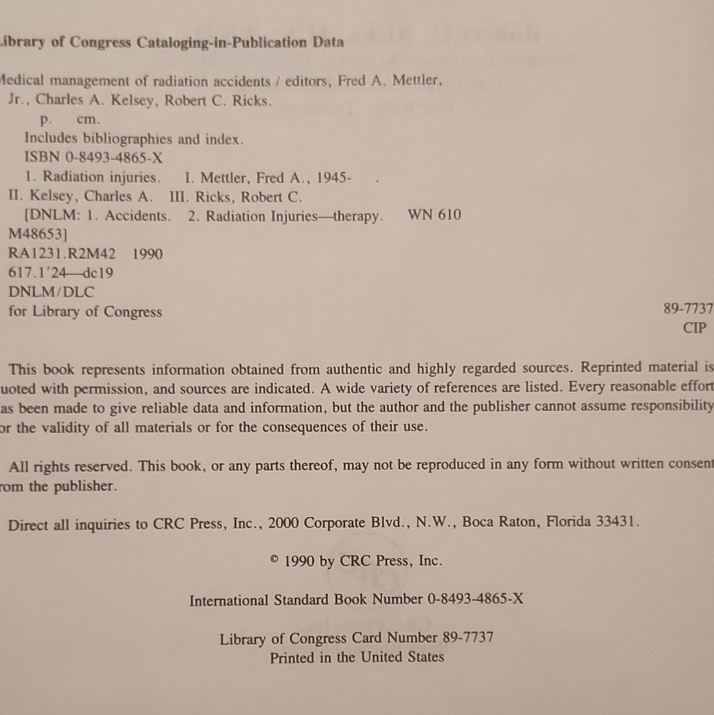 CRC Press Medical Management of Radiation Accidents Hardcover 1990 Mettler