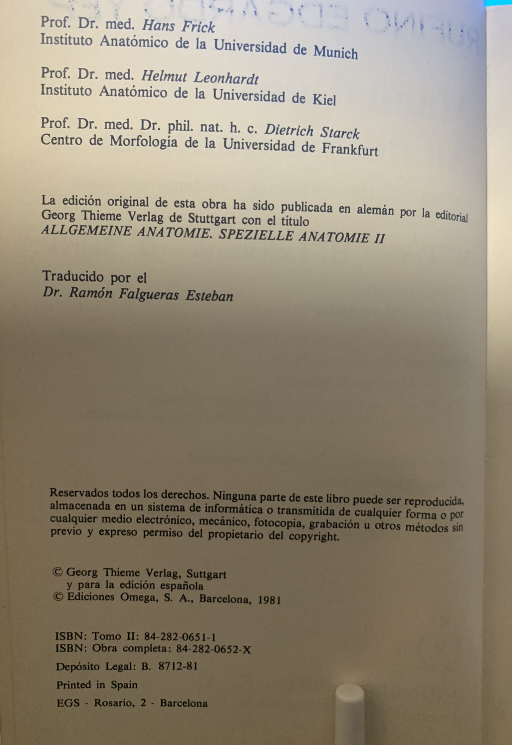 Manual De Anatomia Humana Tomo I Y II – Frick, Leonhardt & Stark 1981 Paperbacks