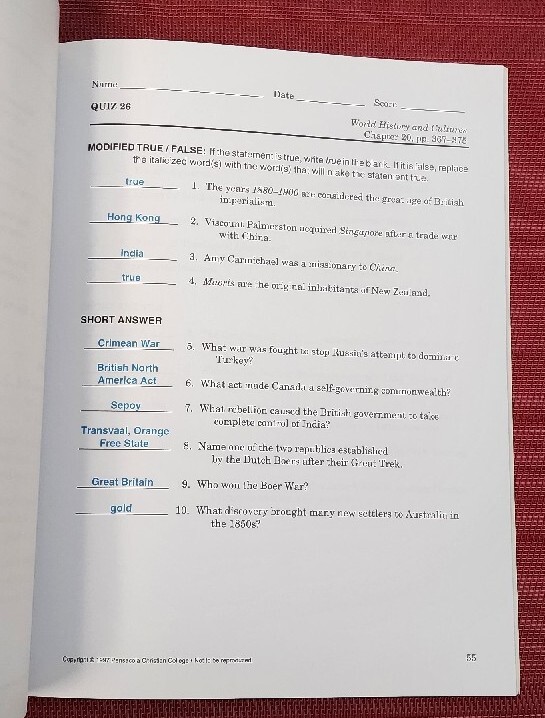 A Beka Book WORLD HISTORY & CULTURES 10th Grade Quiz Key 57282005