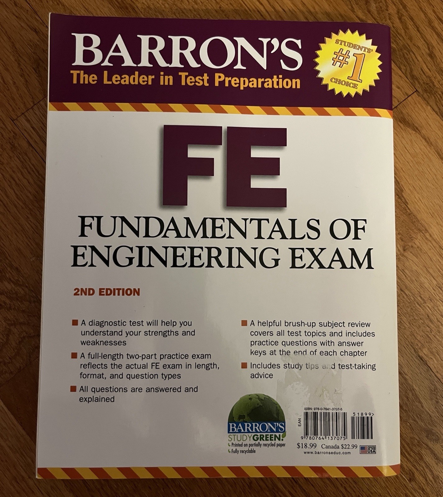 Barron’s FE: Fundamentals of Engineering Exam – 2nd Edition – LIKE NEW CONDITION