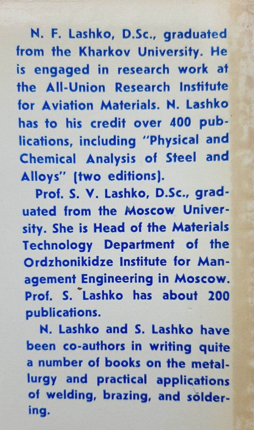 Brazing and soldering of Metals by N. Lashko and S. Lashko, Mir Publishers, 1979