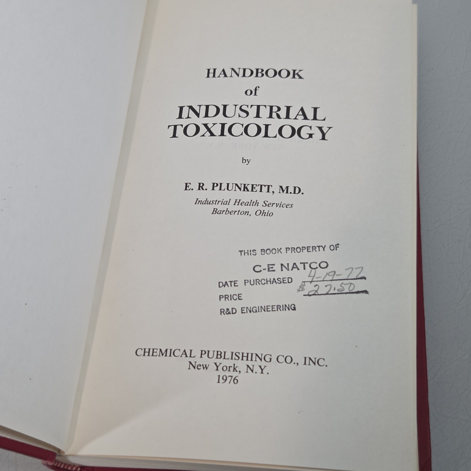 Handbook of Industrial Toxicology by E. R. Plunkett 1976 Hardcover