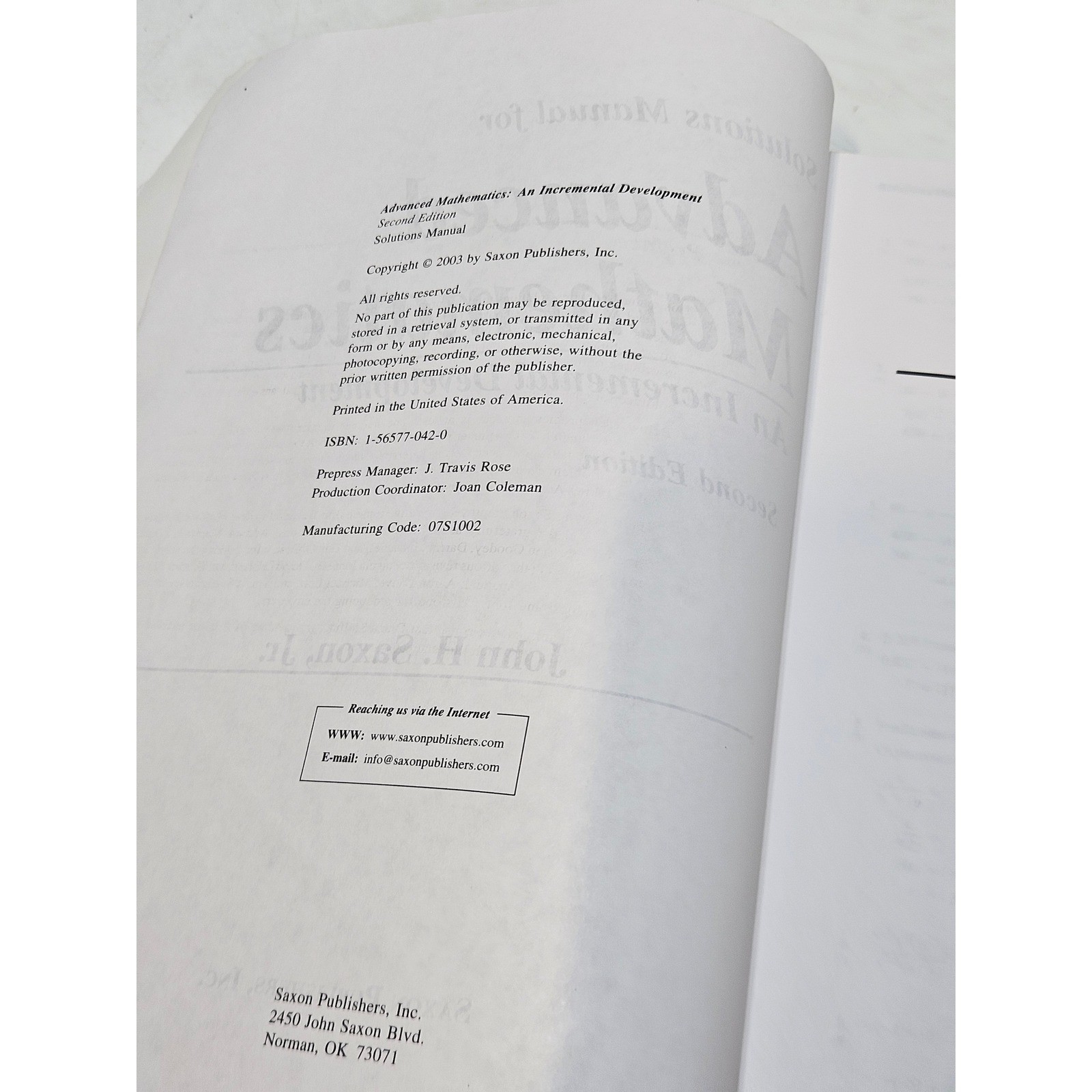Advanced Mathematics Saxon Textbook and Solutions Manual Second Edition Set